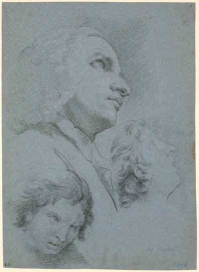 Studietidning med tre huvuden. Studie för "The Miracle of San Giuseppe Calasanz" av Marcus Tuscher