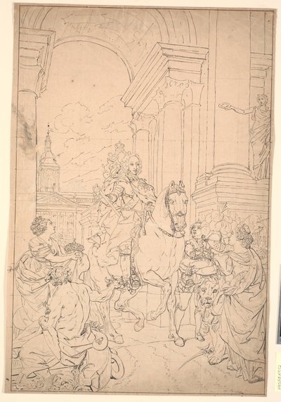Utkast till målningen: Danmark och Norge hyllar Chr. VI (brände med Christiansborg 1794) av Marcus Tuscher