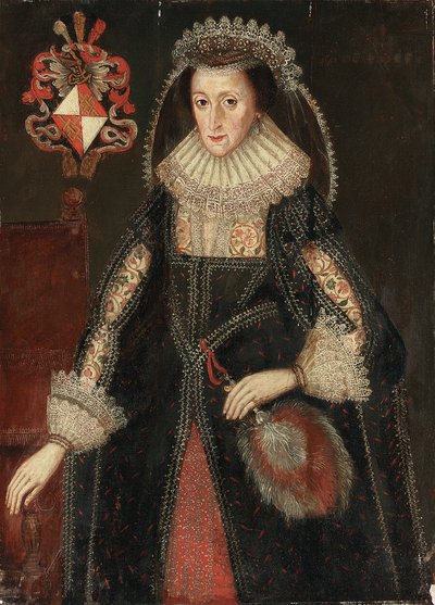 Porträtt av Lady Eleanor Dutton, trekvartslängd, i elegant klänning, stående bredvid en stol inskriven med vapensköld av familjen Dutton i Cheshire och Gloucestershire av Marcus the Younger Gheeraerts