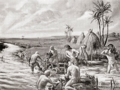 Tidiga bosättare i Babylonien dränerade träsken genom att bygga en damm, från Hutchinsons History of the Nations, pub.1915 av Margaret (after) Dovaston