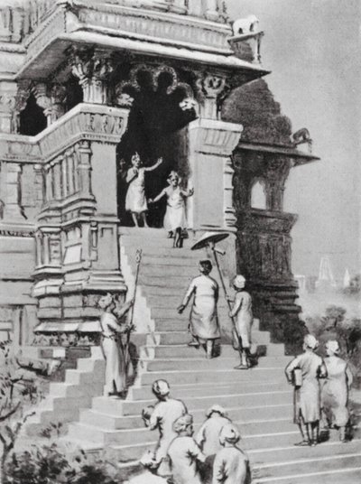 Kirtivarman Chandella besöker sitt tempel i Khajurahu, AD 1065 (litografi) av Margaret (after) Dovaston