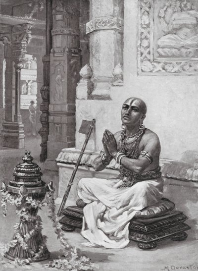 Ramanuja begrundar sin filosofi om den ende personlige guden, 1100 e.Kr (litografi) av Margaret (after) Dovaston