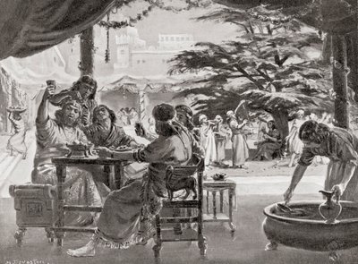 Glädje i Babylon vid Esarhaddons återuppbyggnad av staden, från Hutchinsons History of the Nations, pub.1915 av Margaret (after) Dovaston