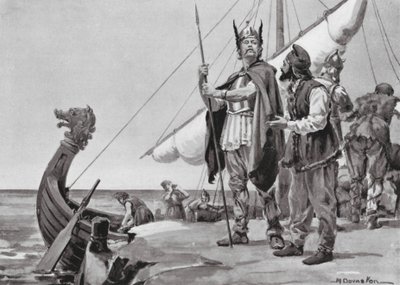Rurik reser till slavernas land, 862 e.Kr. (litografi) av Margaret (after) Dovaston