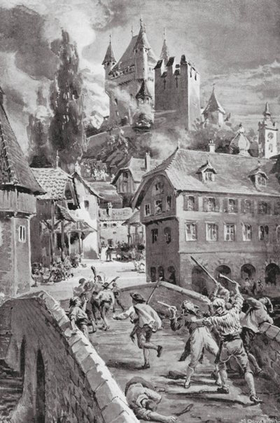 Bränningen av slottet Wadenschwyl 1804 (litografi) av Margaret (after) Dovaston
