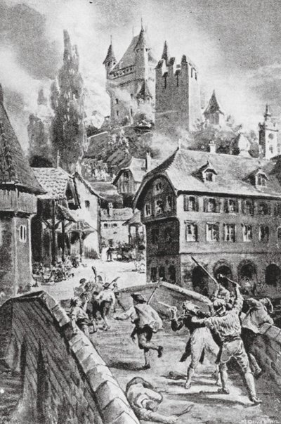 Bränningen av slottet Wadenschwyl 1804 (litografi) av Margaret (after) Dovaston