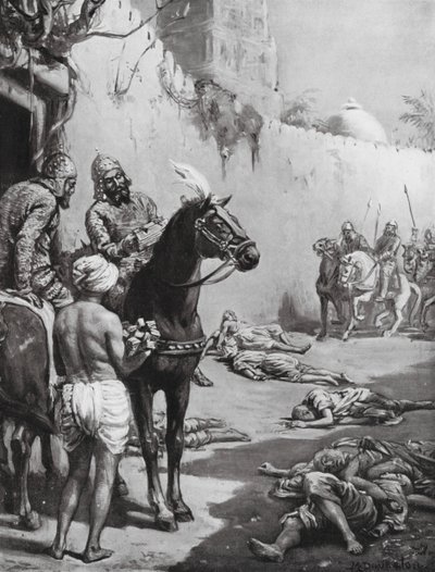 Slutet för de buddhistiska munkarna, 1193 e.Kr (litografi) av Margaret (after) Dovaston