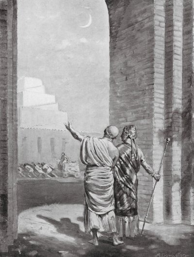 Ur-Engur inspekterar mån- och gudatemplet under uppförande (litografi) av Margaret (after) Dovaston