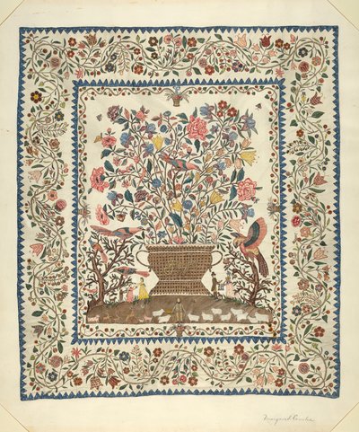 Applikation och broderat täcke av Margaret Concha
