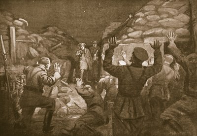 En tysk officer och fjorton av hans män vädjar om nåd till löjtnant Leach (litografi) av Margaret Dovaston
