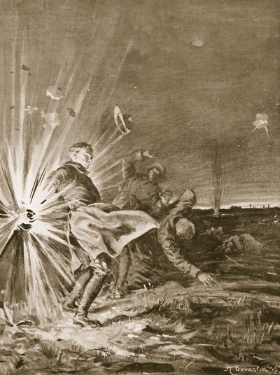 En granat exploderar nära menige Jackson och blåser av hans arm när han hjälper till att föra in en sårad man (litografi) av Margaret Dovaston