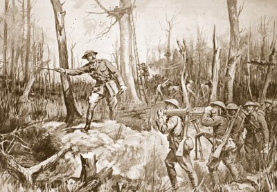 Kapten (tillfällig överstelöjtnant) R.B. Barker organiserar försvaret av en skog (litografi) av Margaret Dovaston
