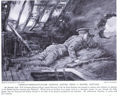 Kompaniets sergeant major Barwick prickskjuter från en ruin av en stuga vid Ghehuvelt oktober 1914 (litografi) av Margaret Dovaston