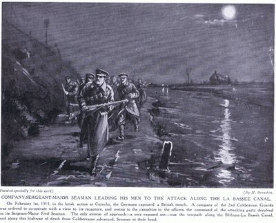 Kompaniets sergeant Major Seaman leder sina män längs La Basse-kanalen februari 1915 (litografi) av Margaret Dovaston