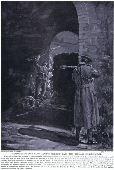 Kompanisergeant Major Seaman vann ett DCM för att med en hand ha hållit tillbaka en tysk attack i februari 1915 (litografi) av Margaret Dovaston