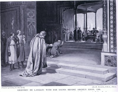 Geoffrey de Langley med Bar Sauma inför Arghun Khan 1288AD (litografi) av Margaret Dovaston