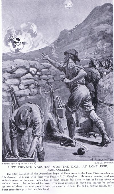 Hur menige Vaughan vann DCM vid Lone Pine Dardanellerna augusti 1915 (litografi) av Margaret Dovaston