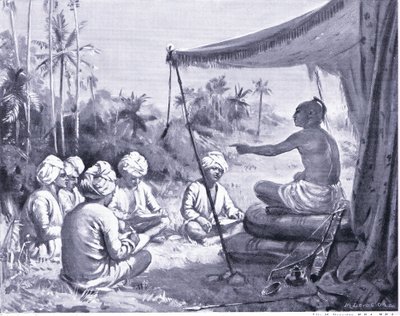 Kulottunga Chola instruerar sina lantmätare 1086 AD (litografi) av Margaret Dovaston