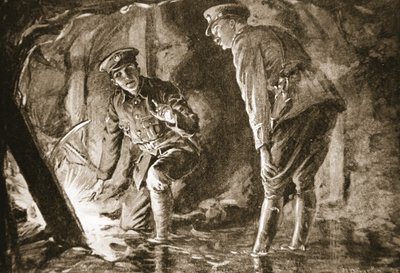 Underkorpral Evason och en officer lyssnar på tyskar i en motgruva (litografi) av Margaret Dovaston