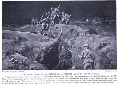Vicekorpral Jacka vinner en VC genom att visa hur en man kan slå sju maj 1915 (litografi) av Margaret Dovaston