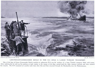 Kaptenlöjtnant Boyle i E14 sänker en stor turkisk transport 1915 (litografi) av Margaret Dovaston