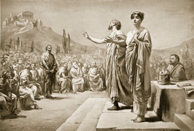 Perikles vädjar om Aspasia, illustration från "Hutchinson