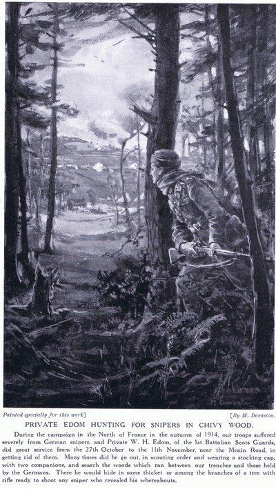 Menige Edom på jakt efter krypskyttar i Chivy Wood, hösten 1914 (litografi) av Margaret Dovaston