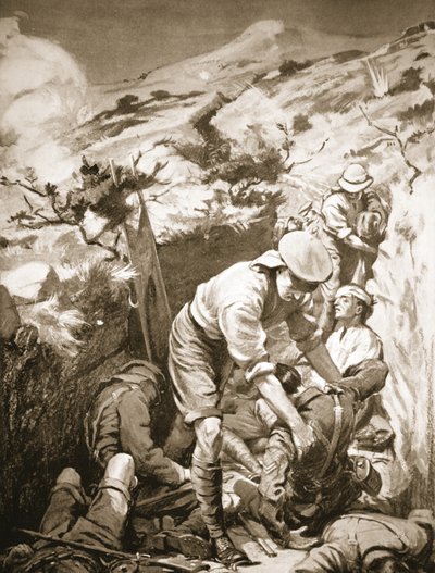 Soldaterna Druall och Smith rensar bort de sårade från en oskyddad och hårt beskjuten kåta (litografi) av Margaret Dovaston