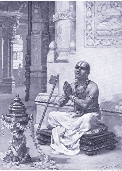 Ramanuja begrundar sin filosofi om den ende personlige Guden 1100 e.Kr (litografi) av Margaret Dovaston