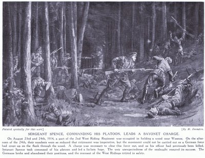 Sergeant Spence fick en DCM för att ha lett sin pluton i en bajonettattack i skogen nära Wasmes i augusti 2014 (litografi) av Margaret Dovaston