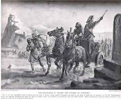 Tiglath-Pileser IV framför citadellet i Turushpa, illustration från "Hutchinson