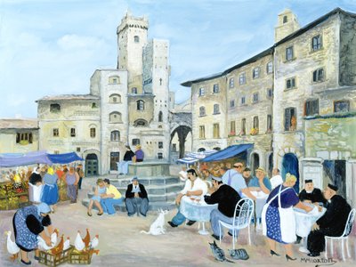 Lunchtid på ett torg, Toscana (olja på duk) av Margaret Loxton