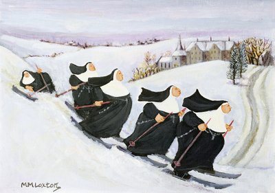 Skidåkning (olja på papper) av Margaret Loxton