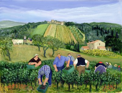 Vingård, oliver och solrosor (olja på duk) av Margaret Loxton
