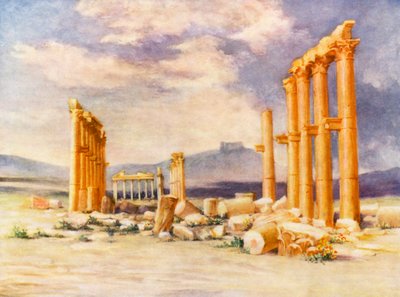 Kolonnad, Palmyra, med Druze Castle i fjärran (färglitografi) av Margaret Thomas
