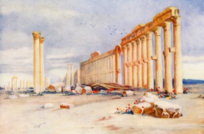 Kolonnad, Palmyra, med turkiskt slott i fjärran (färglitografi) av Margaret Thomas