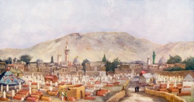 Den muslimska kyrkogården i Meidan, Damaskus (färglitografi) av Margaret Thomas