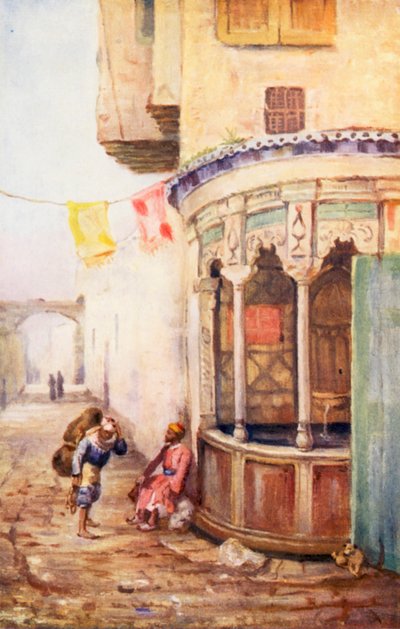 Gatufontän, Damaskus (färglitografi) av Margaret Thomas
