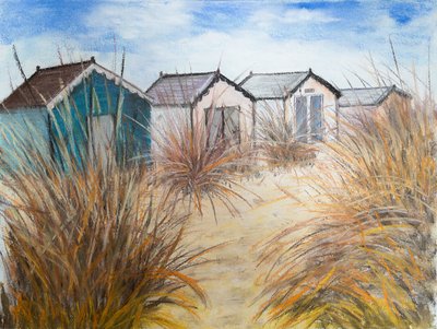 Beach Huts, Cornwall, 2022 (pastell) av Margo Starkey
