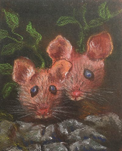 Två små möss, 2020 (pastell) av Margo Starkey