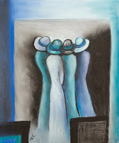 Viskande damer, 2022 (pastell) av Margo Starkey
