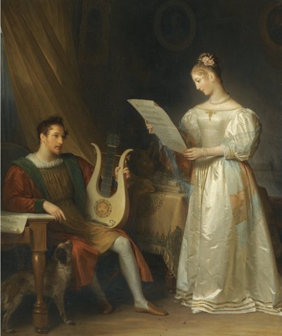 Interiör med en man som håller en lyra och en kvinna med ett partitur av Marguerite Gerard