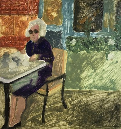The Lunching Lady eller Lunch in London, 2019 (olja på papper) av Maria Magenta