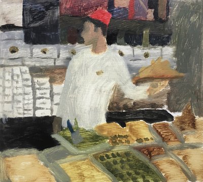 Säljare av turkiska sötsaker, 2019 (olja på papper) av Maria Magenta