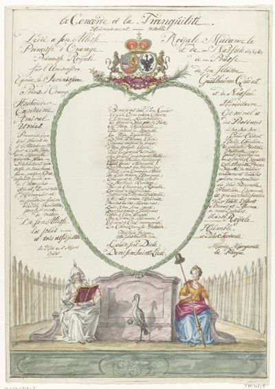 Vers för prinsessan Wilhelmina på prins William V:s fyrtioårsdag, 1788 la Concorde et la Tranquilité (titel på objekt) av Maria Margaretha la Fargue