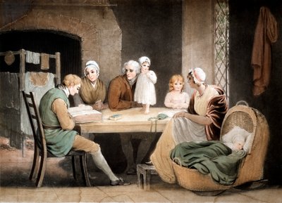 Tre generationer lyssnar på en läsning ur familjebibeln, c1800 av Maria Spilsbury
