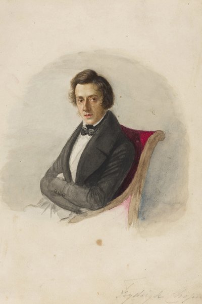 Porträtt av Frederic Chopin (1810-1849) par Wodzinska, Maria (1819-1896). Akvarell och tusch på kartong av Maria Wodzinska