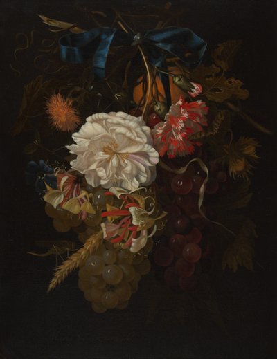 Bukett med blommor och frukt med blått band av Maria van Oosterwijck