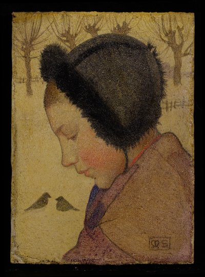 Chef för en ung flicka i en pälsmössa (olja och gesso ombord) av Marianne Stokes