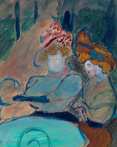 Två kvinnor på terrassen till ett kafé - Akvarell, gouache på papper av Marianne Von Werefkin (1860-1938), expressionism - Two Women in a Street Café - Marianne von Verefkin (1860-1938) Akvarell, Gouache på papper - 24, 5x19 ,5 cm privat samling av Marianne von Werefkin